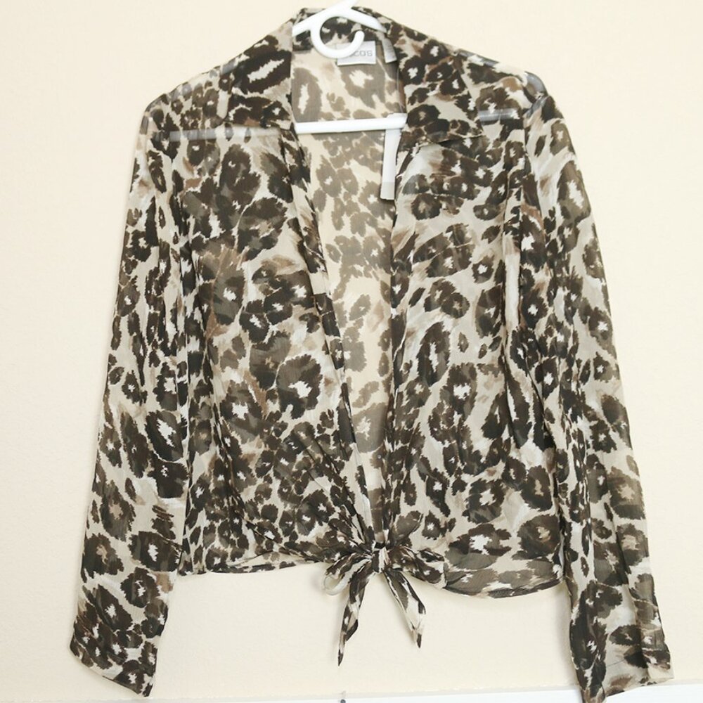 Chicos 100% Silk Cheetah Animal Print Tie Front Open Cardigan Sheer Top Sz 1 Sm